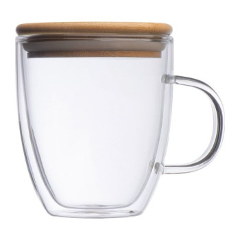 Steklena skodelica za kavo ali čaj z lesenim pokrovom 350ml EKO Gerthe, mix 153766